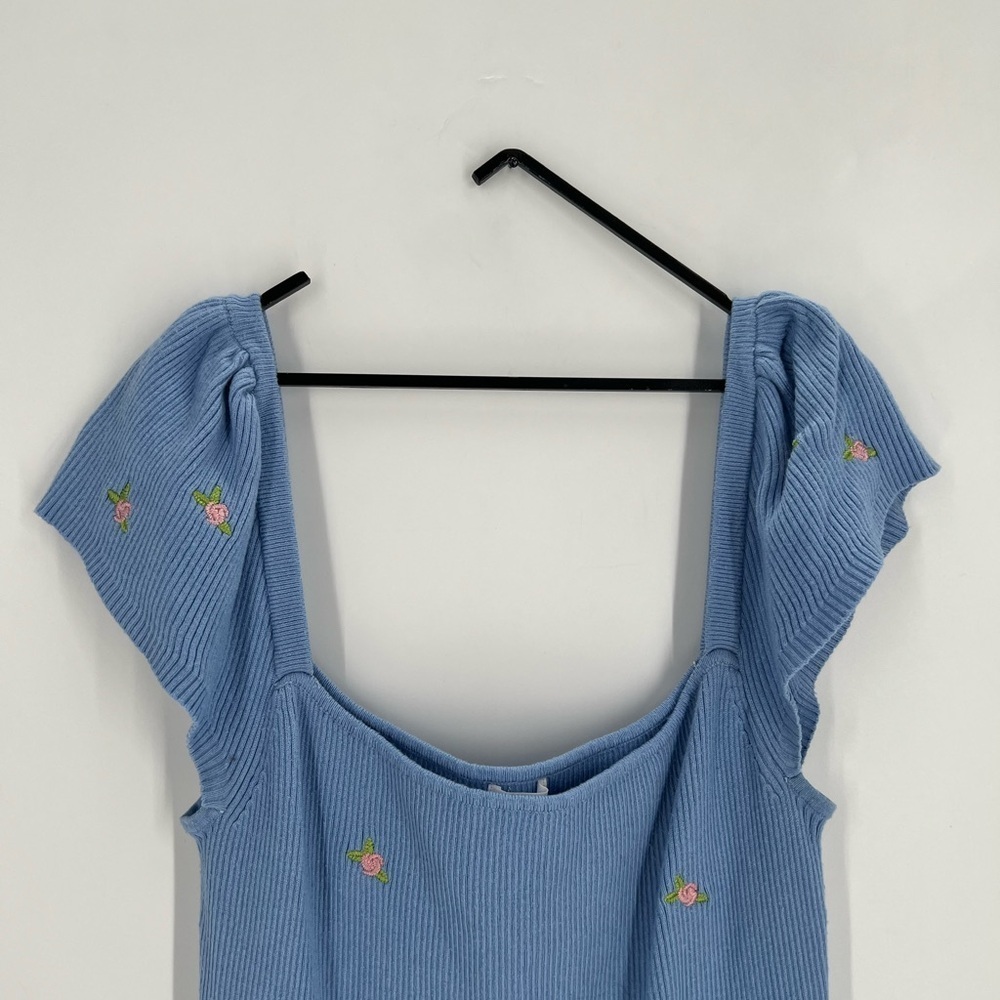 LPA The Dede Ribbed Knit Floral Embroidered Dress In Blue